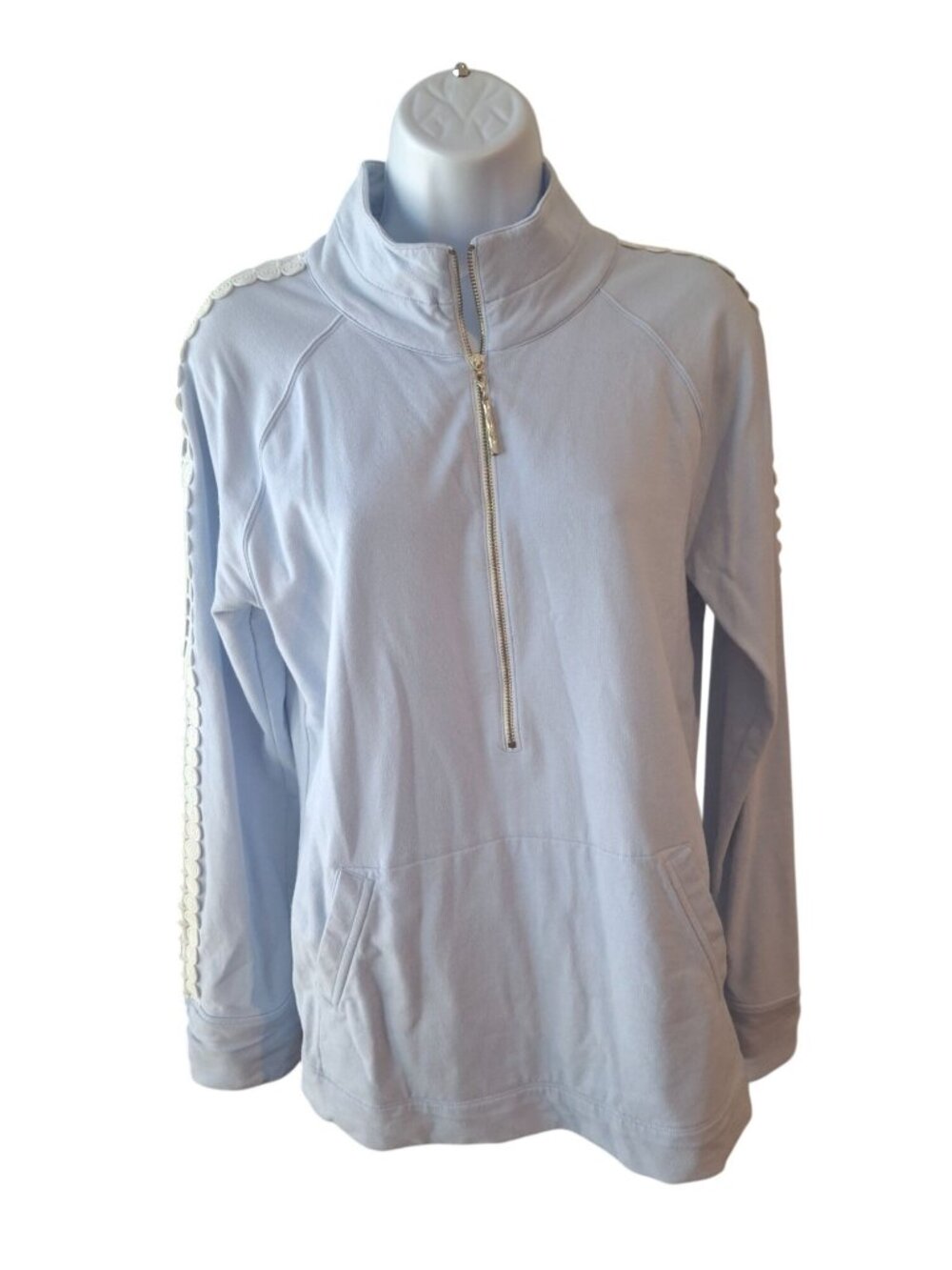 Lilly Pulitzer Skipper Popover M Blue Half Zip Lace Trim Coastal Preppy